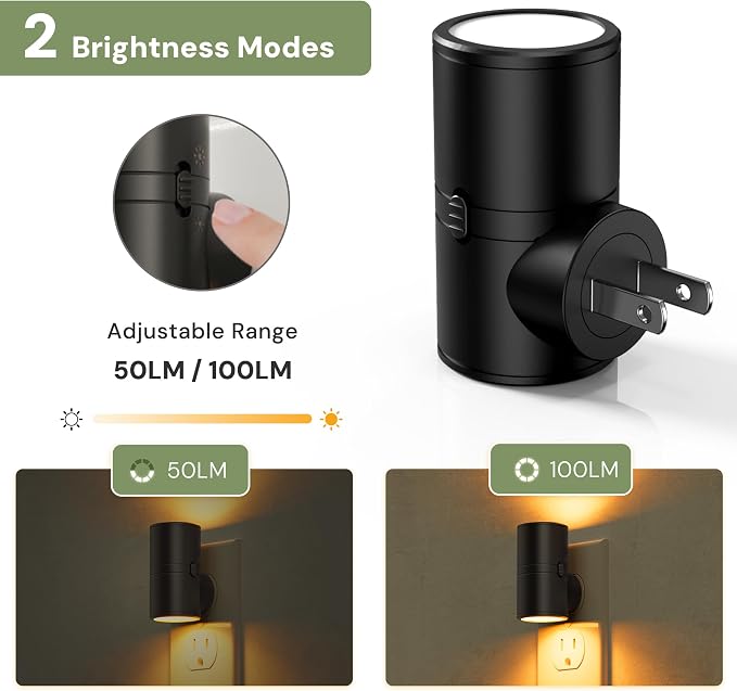 L LOHAS LED Amber Night Light, Yellow Nightlight,Rotating,Dimmable 50/100LM | Plug into Wall, Warm Circadian Nightlight,Light Sensor Nightlight Plug in, Adults Hallway Bedroom Bathroom[Black Shade,2Pack]