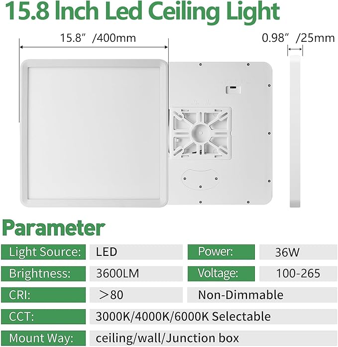 16 Inch Square LED Flush Mount Ceiling Light 2 Pack, 36W 3600LM, 3000K/4000K/6000K CCT Selectable, White Super Slim Low Profile Ceiling Light Firxtue for Bedroom/Kitchen/Living room/Dinning room