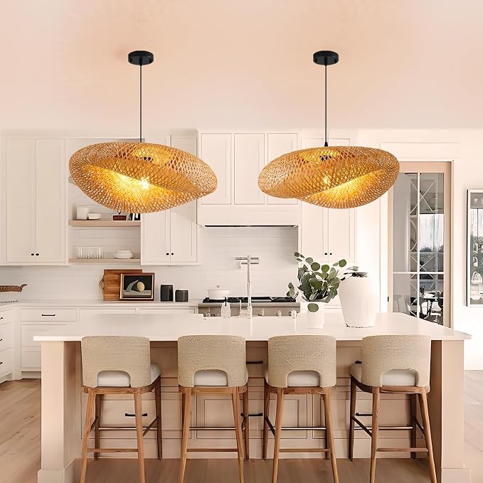 23.6" Bamboo Pendant Light,Rattan Chadelier | Hand Woven Bamboo Chandelier,23.6" Boho Wicker Hanging Light for Kitchen Island Dining Bedroom Living Room Restaurant