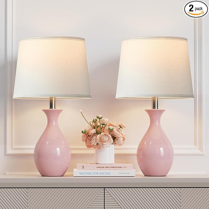 Table Lamp Set of 2, Modern Ceramic Bedside Lamps for Night Stands, Classic Small Lamp Nightstand Lamp for Bedroom Living Room Desk End Table Rocker Swtich Pink