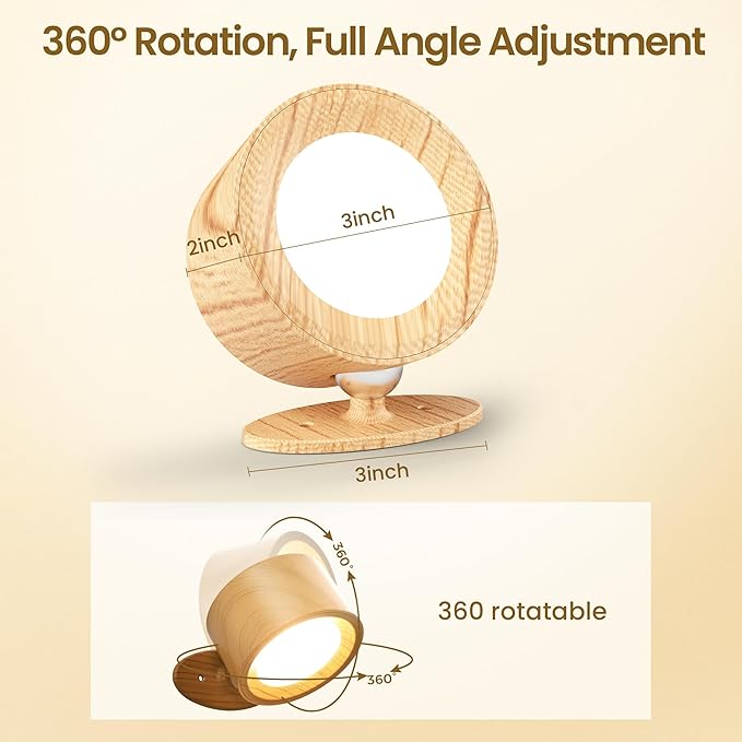 Wall Mounted Lamp LED Wall Lights with Rechargeable Battery Operated, 3 Color Temperatures & 3 Brightness Levels 360°Rotate Magnetic Ball, Cordless Sconces for Bedroom Reading Bedside,Wood-2 Pack