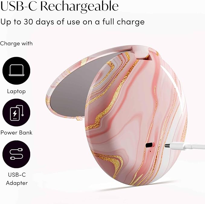 Fancii Mini Taylor Compact Magnifying Mirror with LED Light, 10x/1x, Rechargeable, 3 Light Settings, Dimmable - Small Lighted Travel Handheld Mirror for Pocket, Handbag, Purse, 2-Sided (Marble Rose)