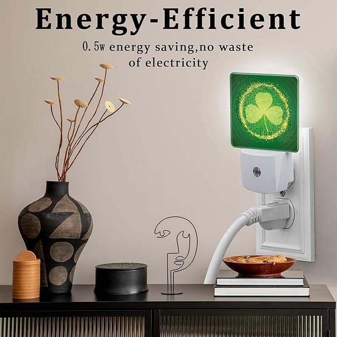 St Patrick's Day Shamrock Night Light Plug into Wall,Green Irish Clover Leaf Dusk to Dawn Night Light Plug in,0.5w Energy Saving Sleep Friendly NightLight for Kids Boys Girls Home Decor