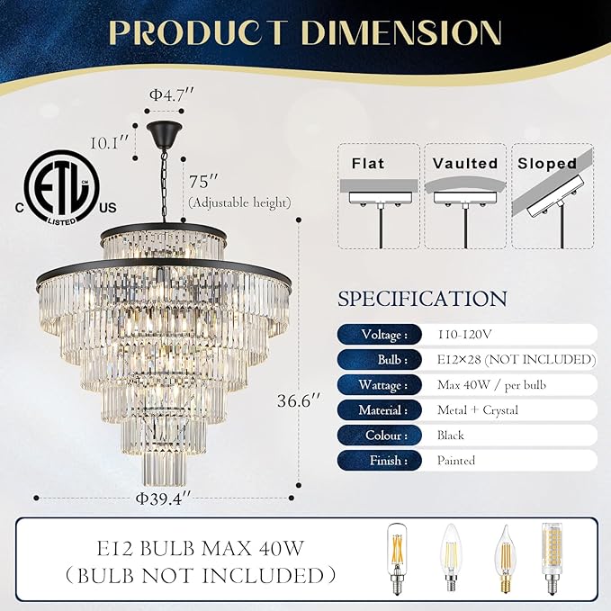 Large 40" Black Crystal Chandelier 28 Lights Modern Round Chandeliers for Staircase Luxury 7-Tier K9 Crystal Ceiling Pendant Light Fixture for High Ceiling Living Room Foyer