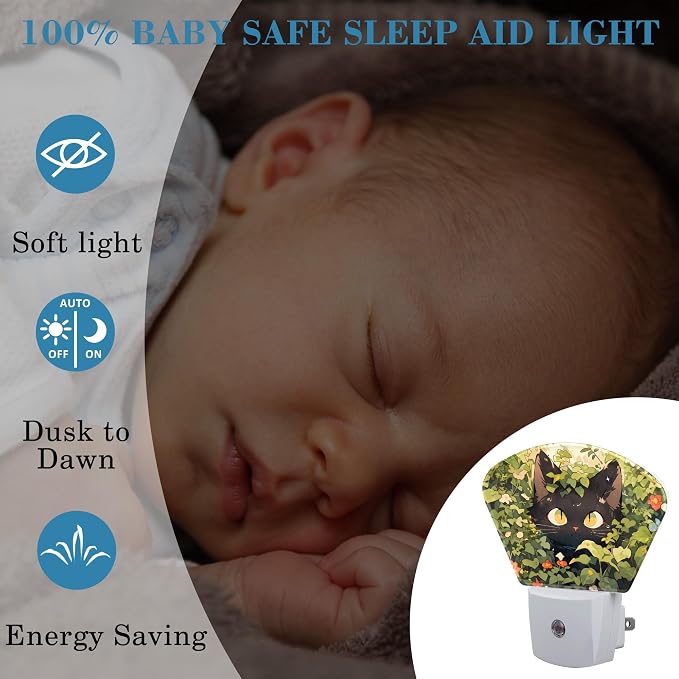 Cute Black Cat in Grass Night Light for Kids Girls Boys, Black Cat LED Night Light Plug into Wall with Dusk to Dawn Sensor for Bedroom, Hallway, Kitchen, Bathroom, Stairs Decor