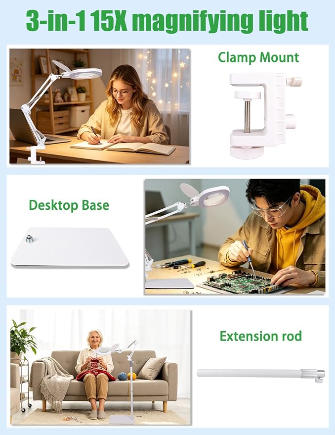 3-in-1 LED Magnifying Light Real Glass Lens Adjustable Light for Beauty & Precision Work
