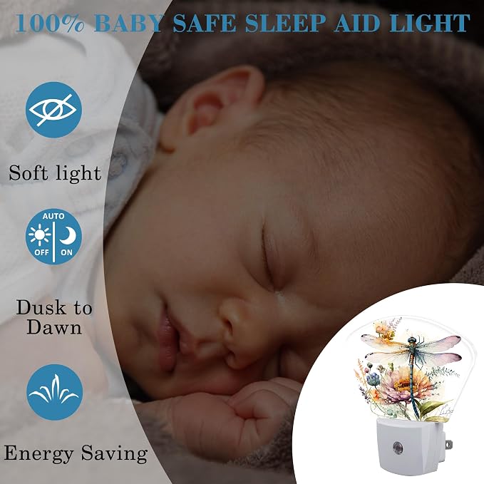 Watercolor Dragonfly Night Light Plug into Wall, Flowers Night Light with Dusk to Dawn Sensor for Kid Girls Boys Women Men Bedroom, Hallway, Kitchen, Bathroom, Stairs Decor