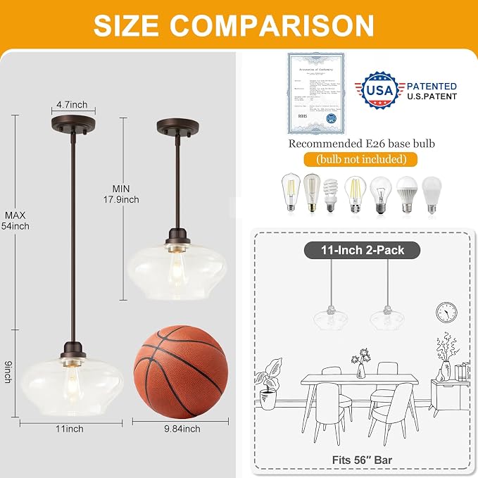 Modern Pendant Lights Kitchen Island,Oil Rubbed Bronze Pendant Light Fixtures with 11" Clear Glass Shade,Industrial Hanging Pendant Lights Fixture for Kitchen Island Dining Room Bedroom Foyer Entryway