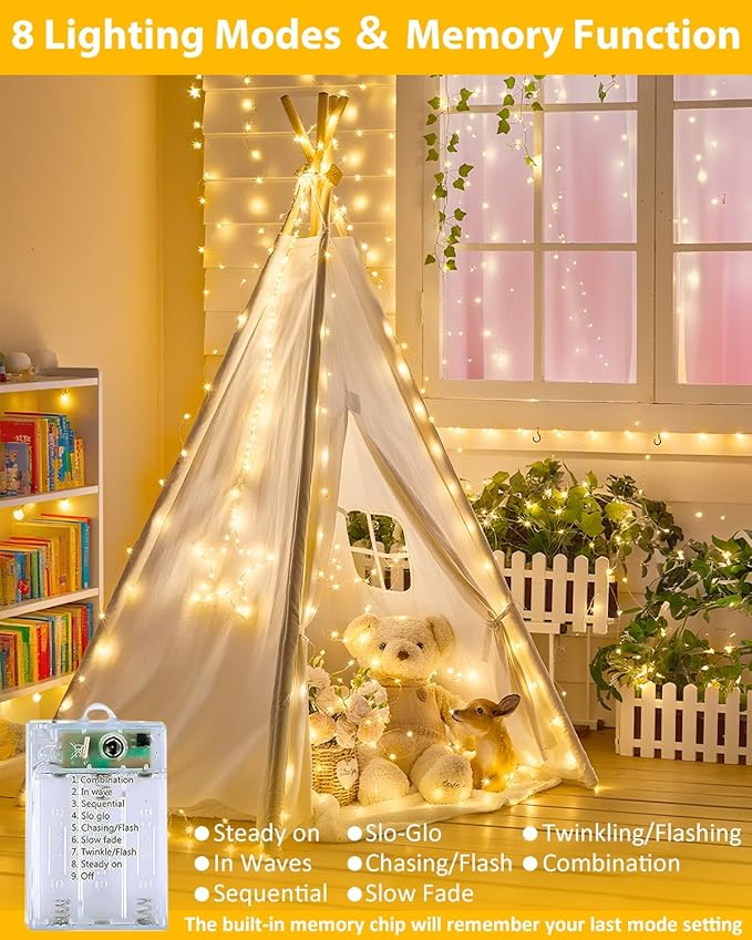 4 Pack 60LED Christmas Battery Operated Fairy Lights with Remote, 8 Modes String Lights with Timer, Dimmable, Memory Function, Waterproof Twinkle Lights for Outdoor Indoor Christmas Decor(Warm White)