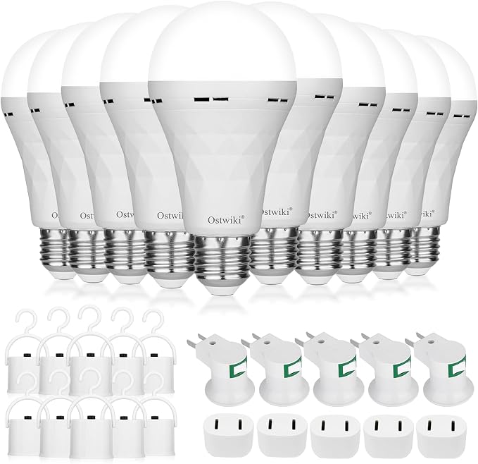 Ostwiki 10 Pack Rechargeable Emergency Light Bulbs for Power Outage | Battery Operated Light Bulb for Camping Outdoor Hurricane 9W E27 8500K White Self-Charging LED Bulbs