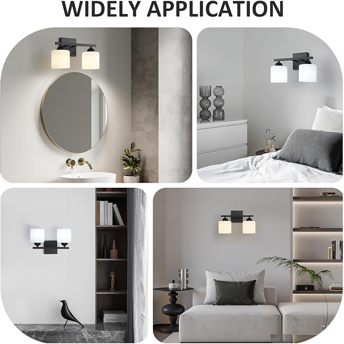 2-Light Matte Black Vanity Light, Modern Bathroom Light Fixtures Over Mirror, Vanity Light with Milky White Glass Shades, Farmhouse Black Wall Sconce, E26 Socket