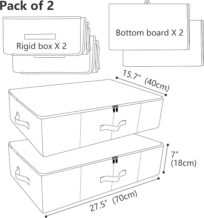 2pcs Rigid Underbed Zip Lid Storage Boxes, Clothes, Blankets Organizer Bins | under the bed/ couch/shelves/closet use, clothing shoes organizer, dustproof, 27.5*15.7*7", 3-side zip lid,folding design