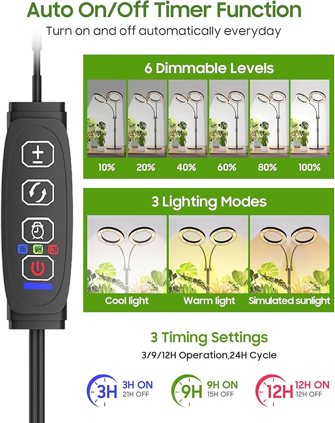 Grow Lights for Indoor Plants Full Spectrum, LED Plant Light with Metal Base, Plant Growing Lamps with Timer 3/9/12H, 3 Color Modes, 6 Brightness Levels, 23-30'' Adjustable Height