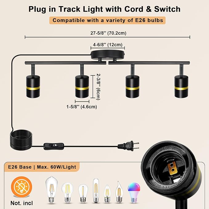 HiBay 4-Light Plug in Track Lighting, Rotatable Spotlight, Black Gold, E26 | Adjustable 4 heads ceiling fixture for kitchen dining room, plug-in cord with on/off switch, no wiring, excl bulb