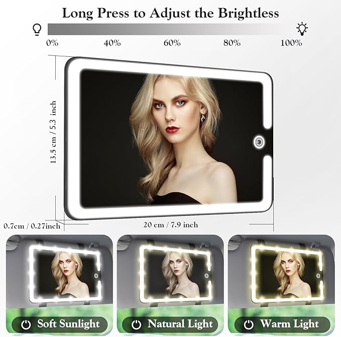 LED Vanity Mirror for Regular Car Sun Visor,Lightweight Car Mirrors with Dimmable Lights, 3-Color Vanity Makeup Mirror for Universal Standard Vehicle Visor
