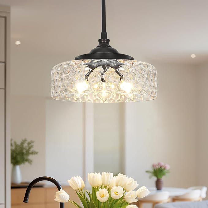 3-Light Adjustable Pendant Lights Kitchen Island, Black Pendant Light Fixture with 12" Clear Hammered Glass Shade, Modern Drop Light for Bathroom, Hallway, Convertible Ceiling Mount Or Hanging Fixture
