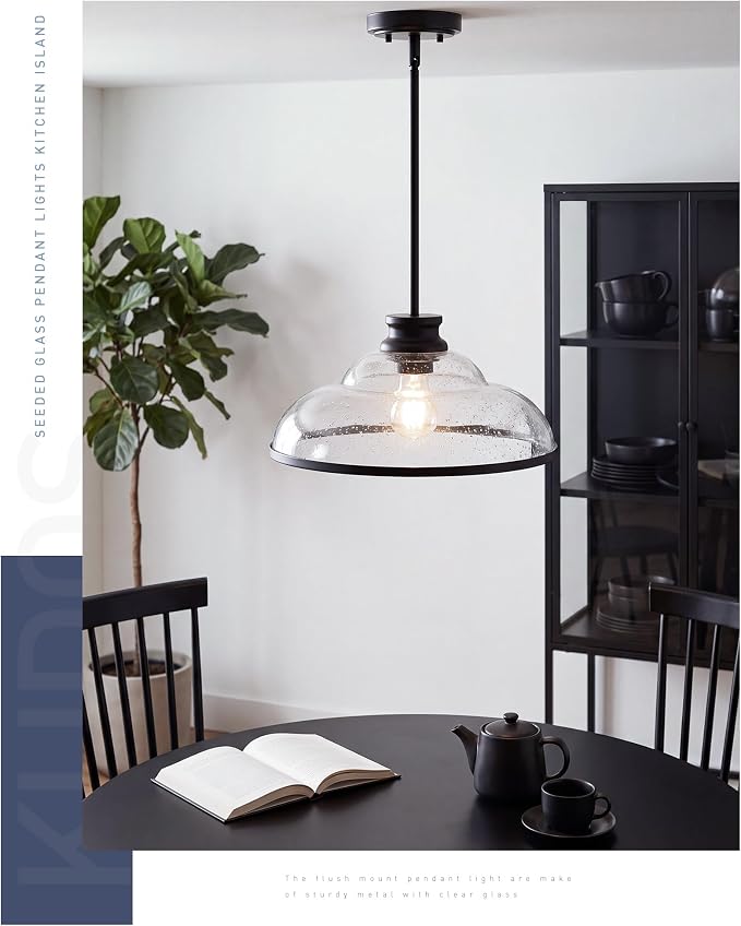 kudos 14" Black Seeded Glass Pendant Light Kitchen Island, KDPL14-BK-M | E26 Bulb Base, Hardwired, Farmhouse Styling, Adjustable Hanging Rods for Flat or Sloped Ceilings, for Kitchen Bars