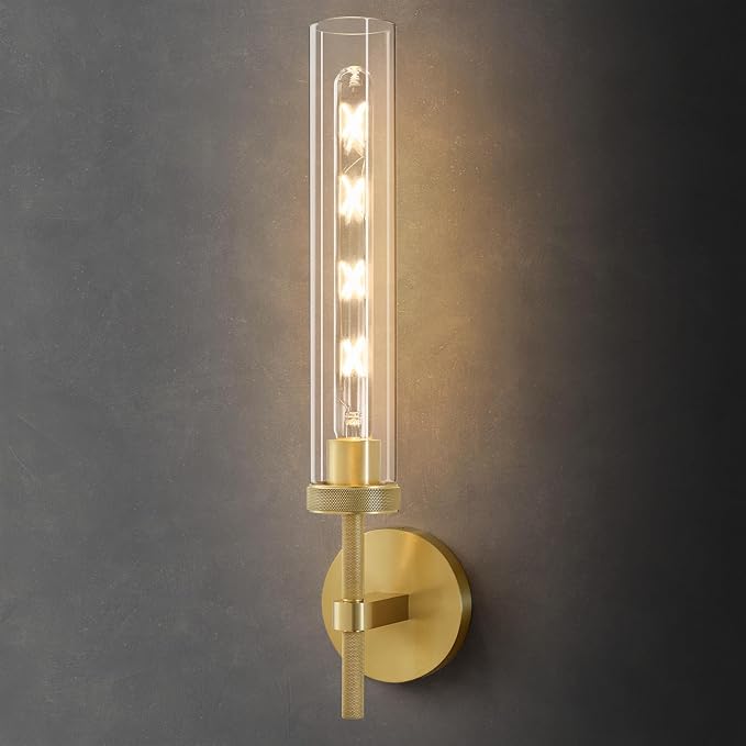 Brass Knurled Tube Wall Sconce - Luxury Modern Glass Sconces with Bulbs - Vertical Mounted Light Fixture - Gold Dimmable Indoor Lighting for Vanity Mirror Bathroom Bedroom Living Room Hallway