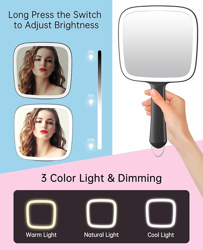 Famihomii Hand Mirror with 3 Light Color & Dimmable, Lighted Handheld Mirror, Lightweight & Durable, Portable & Hangable for Makeup Application, Hair Styling, Shaving, Battery Operated