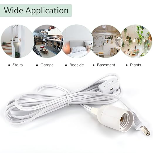 JACKYLED Extension Hanging Lantern Cord Cable Gear Switch UL 1-Pack 12Ft | 360W with E26 E27 Socket Hooks + 2-Prong US AC Power Plugs, Extra Lighting for Garage, Closet, Dark Corner, Plants