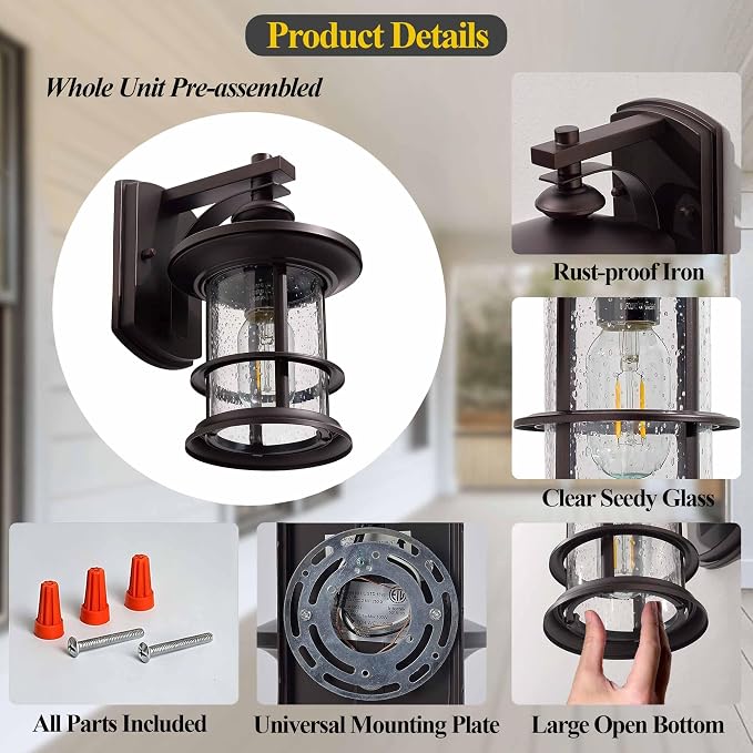 MICSIU 100W Max Vintage Farmhouse Oil Rubbed Bronze Outdoor Wall Light | 10 Inch Metal Exterior Sconce 1 Pack, Clear Seedy Glass Outsize Porch Light for Entryway, Garage, Bathroom