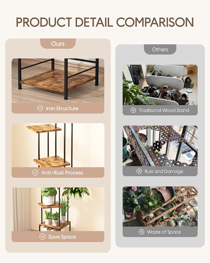 Plant Stand Indoor - 5-Tier Metal Plant Shelf with Hanging Basket Hook, Corner Tall Flower Holder for Multiple Plants, Living Room Balcony Garden Patio, Rustic Brown