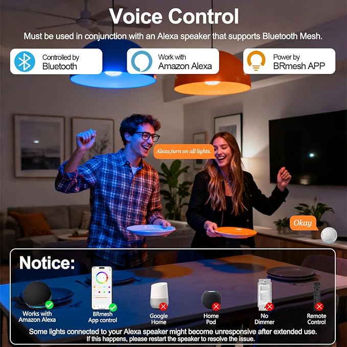 ILC App-Controlled LED G25 Globe Light Bulbs, Bluetooth Mesh, 1600 Million Colors, 60W Equivalent, 6W, 600LM, CRI>95+ Daylight White 5000K, E26 Base Vanity Light Bulbs, Dimming via app only, 6 Pack