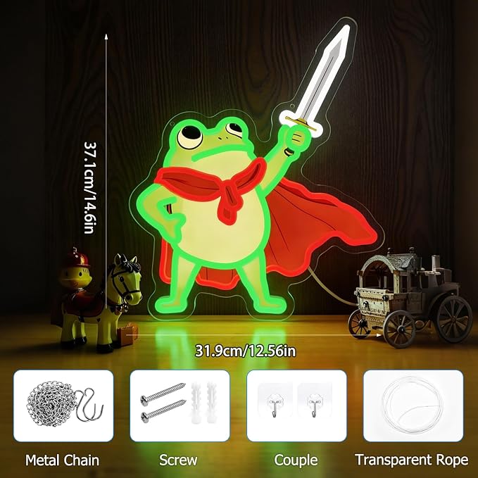 Frog Neon Sign, Frog with Sword LED Neon Lights Signs for Game Room Decor | UV-Printed Frog Warrior Art with Adjustable Brightness for Man Cave,Game Rooms,Bedrooms,Bar,and Frog Lover Gifts-USB Powered