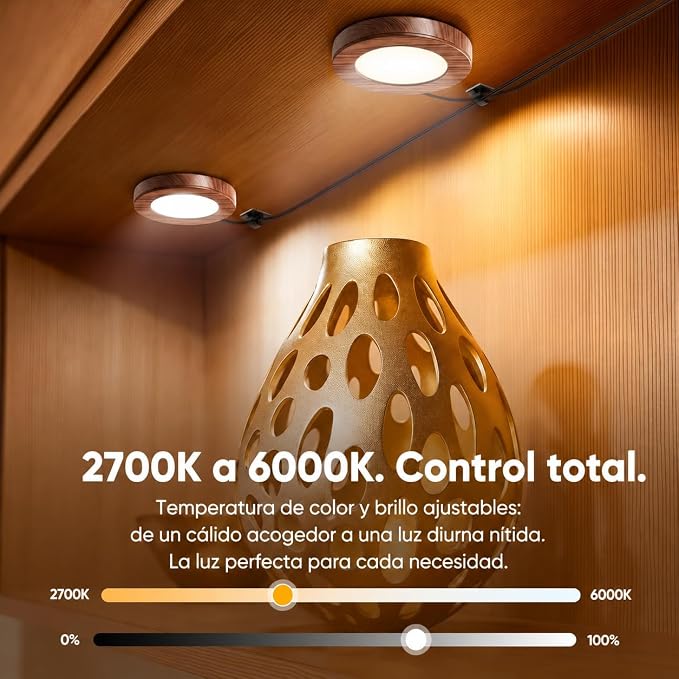 VST 6 Pack Plug-in LED Under Cabinet Puck Lights, Wired Touch Dimmer Switch & RF Remote,CCT 2700K-6000K Adjustable ，Recessed & Surface Mount, 12V/2W UL Listed for Wardrobe Display(Wood, 6 Pack)