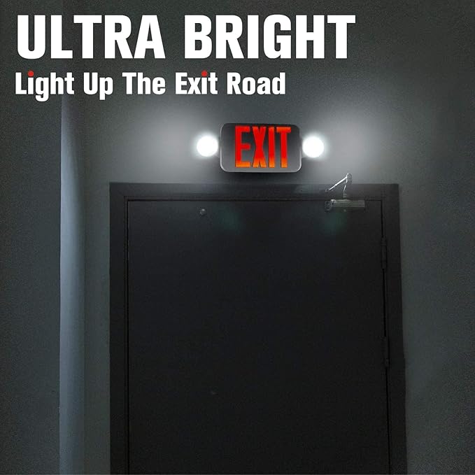 FREELICHT 2 Pack Exit Sign with Emergency Lights, Two LED Adjustable Head Emergency Light with Battery, Exit Sign for Business