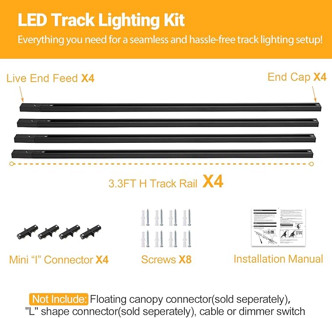 VANoopee H Track Lighting Rails Kit, 13FT H Type Rails Black With End Caps and Live End Feed Connector, Compatible With Single Circuit 120V H Style System, for LED Lighting Heads