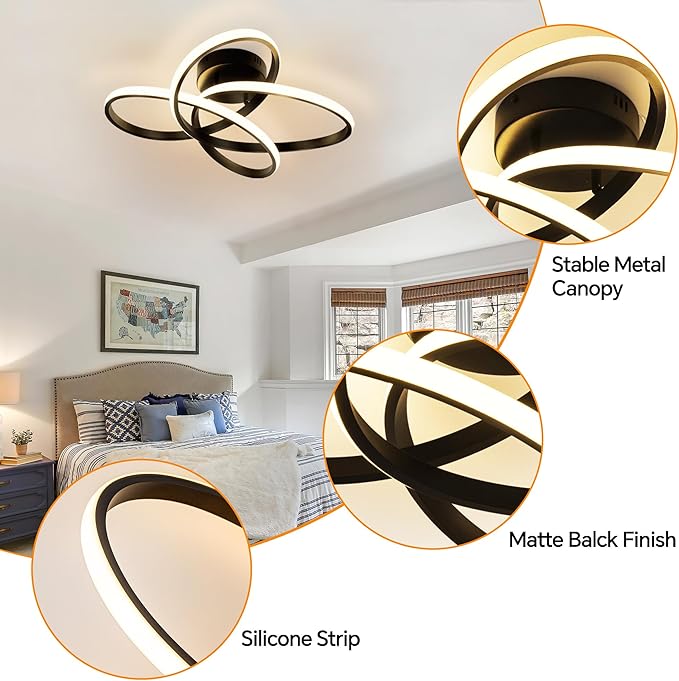 Modern LED Chandelier, 50W LED Ceiling Light with Remote Control, 3000-6000K Color Temperature Changing, Balck Chandelier for Bedroom, Entryway, Hallway, Kitchen