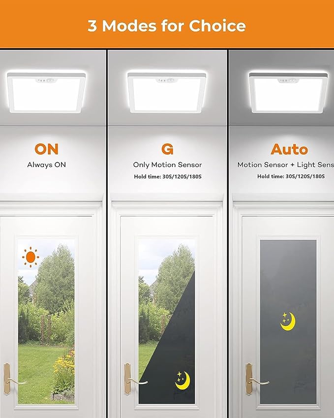 Annaror 2Pack 12in Motion Sensor Ceiling Light Wired with 3 Timer White | 3000K 4000K 5000K Selectable，24W 2400LM Flush Mount Square Motion Ceiling Light for Closet Porch Stairs Hallway , Auto/ON/G