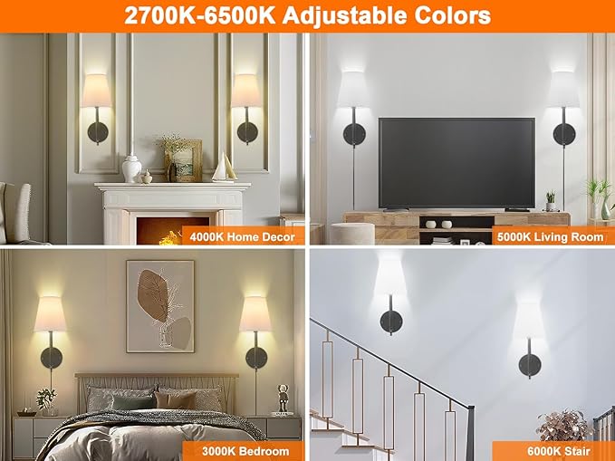14.1 inch Wall Sconces Set of Two with Remote Control, Dimmable, Adjustable Colors 2700-6500K, Plug in Wall Sconces with White Fabric Shades, Plug in Wall Light, Black