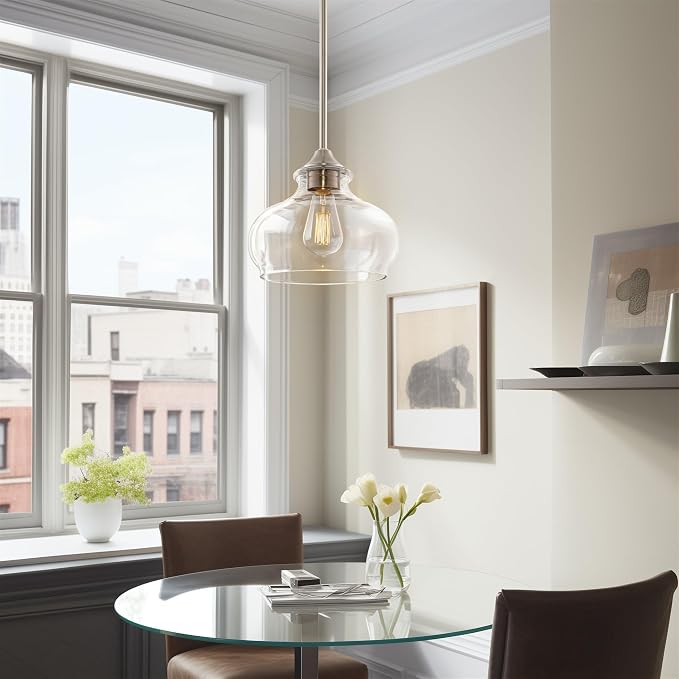 Kira Home Harlow 9" Modern Schoolhouse Pendant Light for Ktichen Island | Clear Glass Shade, Industrial Farmhouse Silver Hanging Fixture, Premium Brushed Nickel Finish