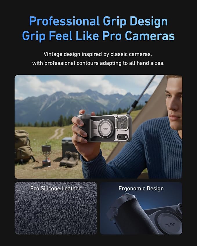【for iPhone 17 Pro Max Only】 TELESIN Magnetic Master Grip Kit, Phone Camera Grip Kit Built-in 3200mAh Battery - Wireless Charging - Graphene Case for iPhone Cooling - DSLR Style Grip Handle Holder