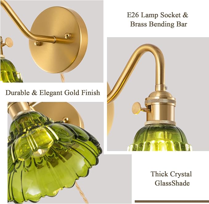 Plug-in Wall Sconce (Set of 2), Vintage Wall Decorative Lamp with Green Glass Shade, Indoor Brass Plug-in Wall Sconce for Bedroom, Living Room, Bathroom, Hallway