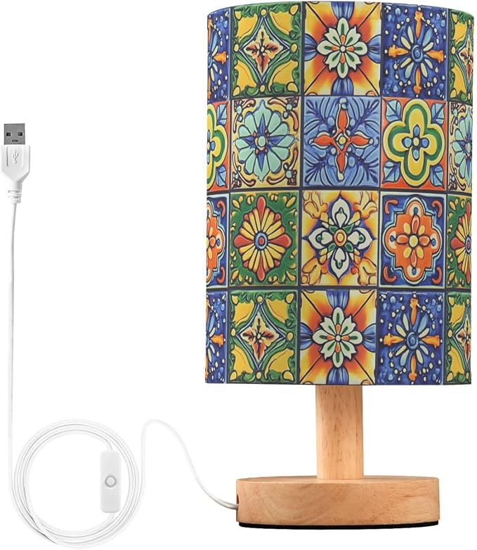 Vintage Mexican Tile Patterns Colorful Ethnic Bedside Table Lamps with USB Port for Bedroom Lamp Accent Table Lamp Small Nightstand Lamp Sturdy Linen Shade Decorative Lamps for Kids|Dorm|Home