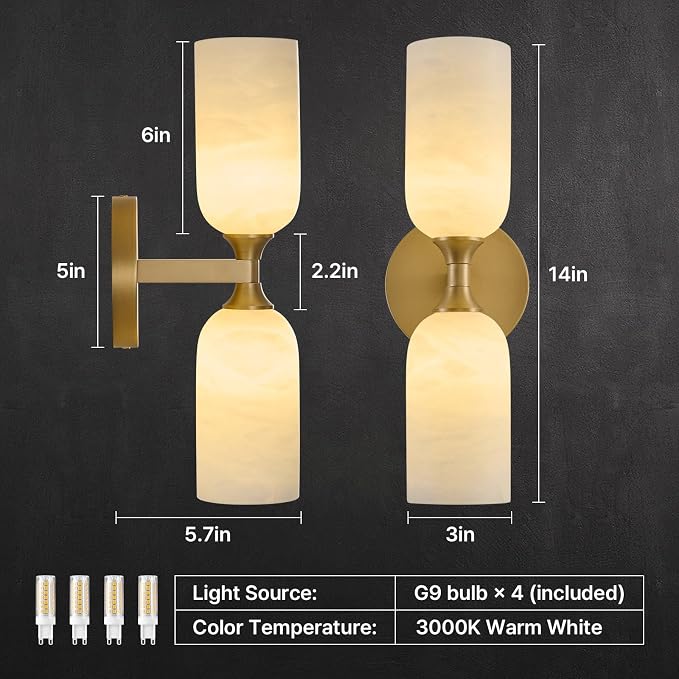 14" Alabaster Wall Sconces Set of 2, Vintage Brass Marble Wall Lamp | Natural Spanish Alabaster, Modern Vintage Style, Unique Marble Veining, Solid Brass Construction, Dual Installation Options