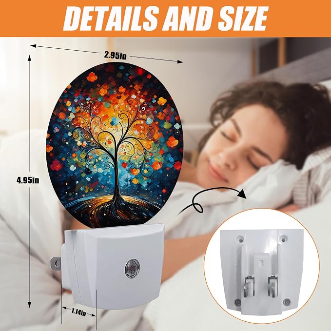 Abstract Colorful Trees Night Light,Paintings Nightlight Plug into Wall LED Lamp Auto Sensor Dusk to Dawn for Bedrooms/Kitchens/Toilets/Corridors,Energy-Saving