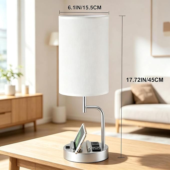 Dreamholder 2 Pack Table Lamp, Bedside Lamp with 3 USB Charging Ports & AC Outlet, USB Desk Lamp with 2 Phone Holders, Linen Fabric Shade Nightstand Lamps for Bedroom Living Room Office, Silver
