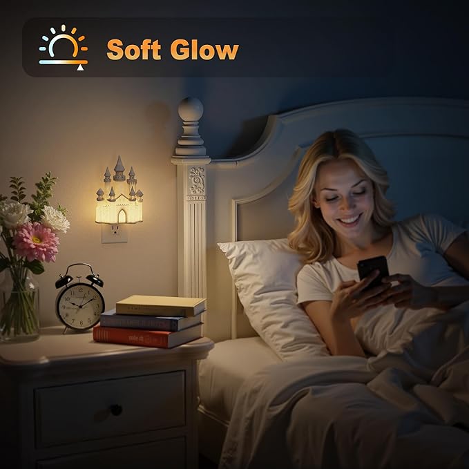 JandCase Night Lights Plug into Wall,3D Printed Castle Night Light,3000K Plug in Nightlight with Dusk to Dawn Sensor,0-100LM Adjustable Brightness for Rooms Bathroom Hallway