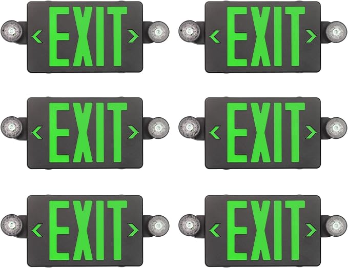 TANLUX Green Exit Sign with Emergency Lights, LED Exit Light with Battery Backup, Black Housing, UL Listed, AC 120/277V, Commercial Emergency Lights Combo - 6 Pack