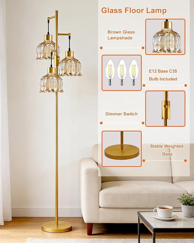 Lightdot 3-Light Lotus Floor Lamp 65'' Dimmable with Brown Glass Shade & E12 Bulbs Included, Mid Century Tall Flower Lamp with 5Lbs Heavy Base for Living Room/Bedroom/Sofa Beside/Corner Decor - Gold