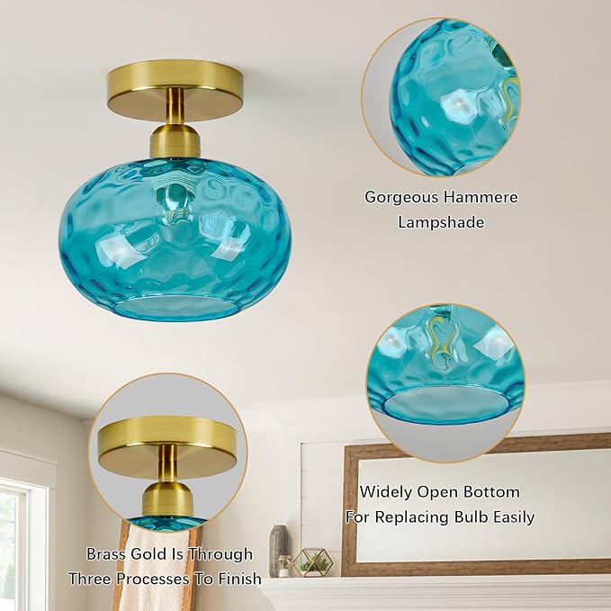 7.9″ Small Blue Semi Flush Mount Ceiling Light ,Blue Hallway Light Fixtures | Art Deco Hammered Glass,Whimsical,Vintage Gold Mid Century MCM Lighting for Closet Cottage Entryway Laundry Room Foyer