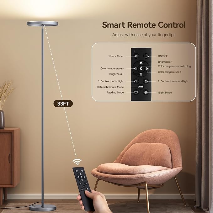 SUNMORY Floor Lamp for Living Room, 28W Bright LED Lamp with Remote Control | 1600lm Dimmable Rotatable Standing Light, 74" Tall Modern Reading Torchiere Uplighter for Bedroom Office Corner, Gray