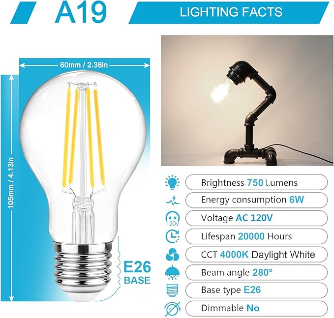 Ascher 60 Watt Equivalent, E26 LED Filament Light Bulbs, Daylight White 4000K, Non-Dimmable, Classic Clear Glass, A19 LED Light Bulb with 80 CRI, Pack of 12