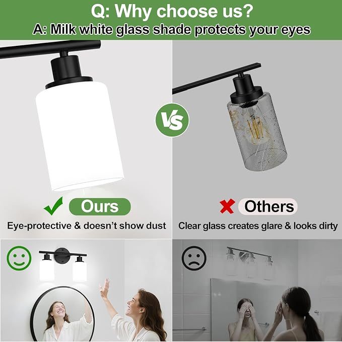 Zarbitta 2-Light Bathroom Light Fixtures,Black Modern Vanity Lights with Milky White Frosted Glass Shades,Bathroom Wall Lamp for Mirror Kitchen Living Room Hallway Cabinet Porch