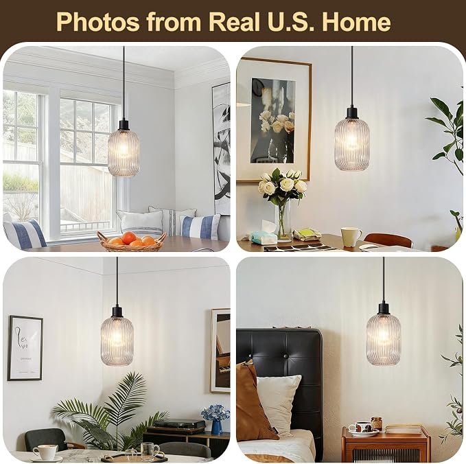 2 Pack Pendant Lights with Vintage Clear Ribbed Glass Lampshade, Adjustable Matte Black Pendant Lights Fixtures for Kitchen Island Lighting Sink, Dining & Living Room Hallway (Bulbs Not Included)