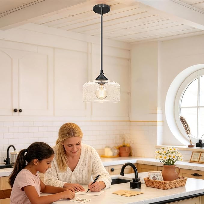 Black Vintage Pendant Lights Kitchen Island, Adjustable Height Kitchen Pendant Lighting Over Sink, Bathroom Hanging Lights With Bubble Glass, Dual Mount Ceiling & Hanging Fixtures With 90° Swivel